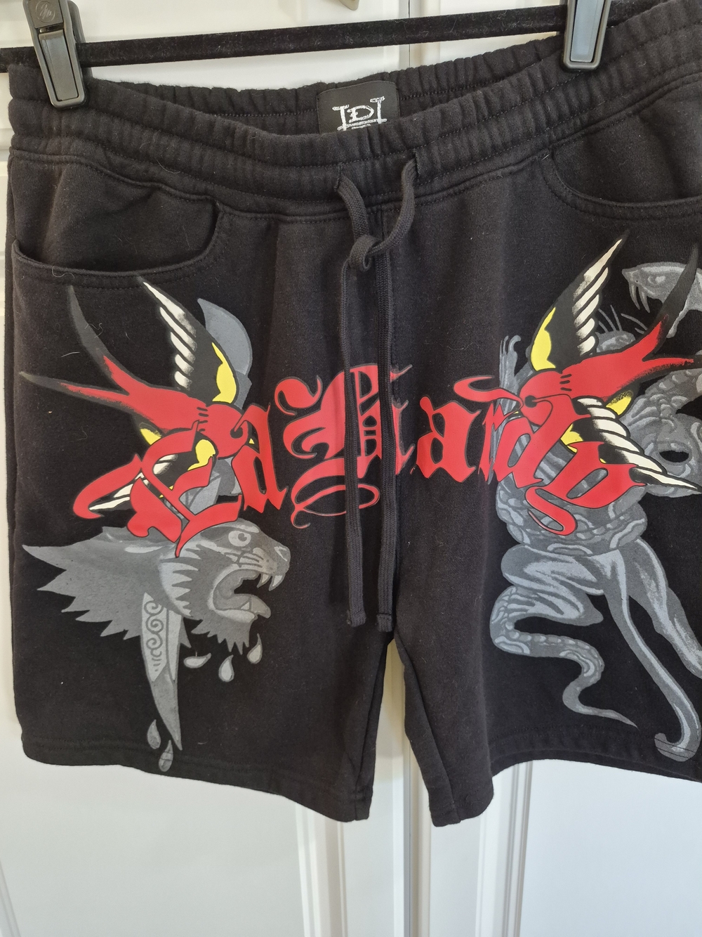 Ed Hardy Swallows Fleece Black Athletic Shorts with Graphic Archival Logos